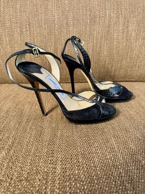 Jimmy Choo Black Suede & Python Strappy Sandals